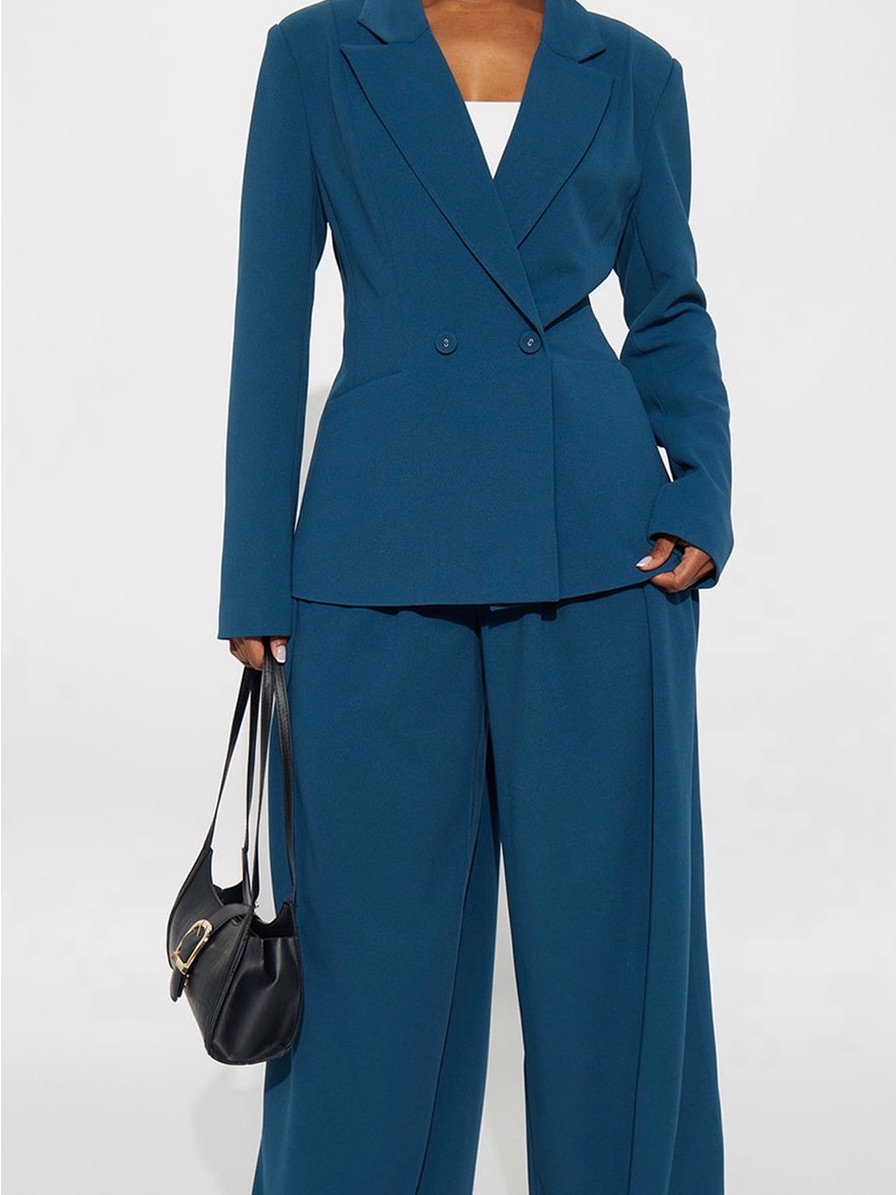 Fashion Nova Teal Double-Breasted Blazer With Wide-Leg Pants